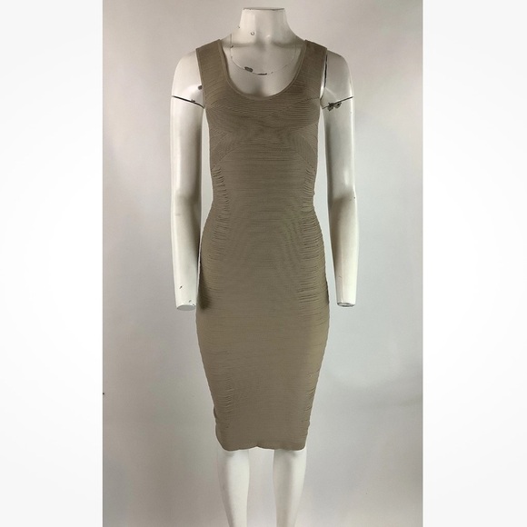 Aura Sz S/M Bodycon Bandage Tight Fit Neutral Cocktail Club Dress Tan Spandex - Picture 2 of 6
